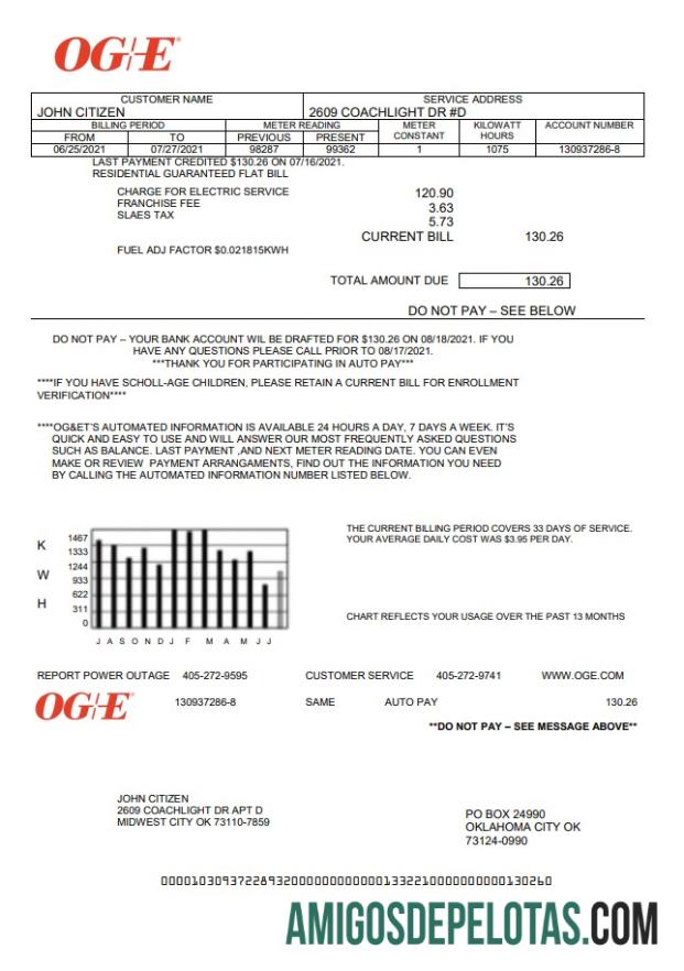 realista Modelo de conta de serviços públicos de energia OGE dos EUA Oklahoma em Word e PDF